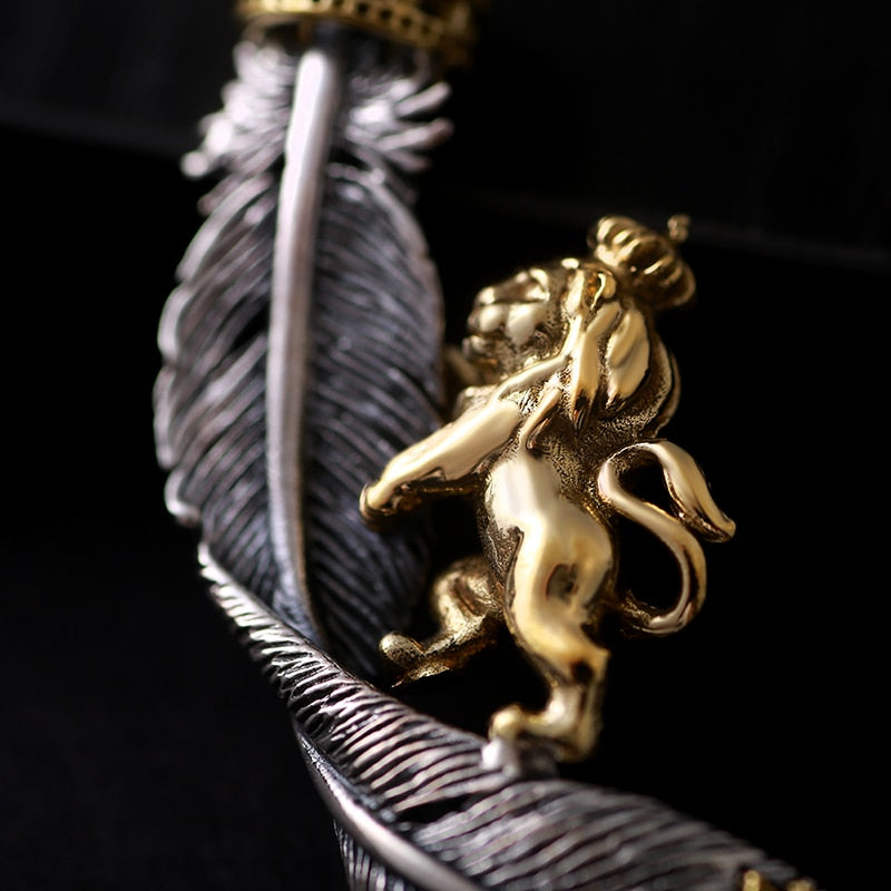 Lion with Crown Feather 925 Sterling Silver Vintage Steampunk Biker Pendant Necklace-Gothic Necklaces-Innovato Design-Innovato Design