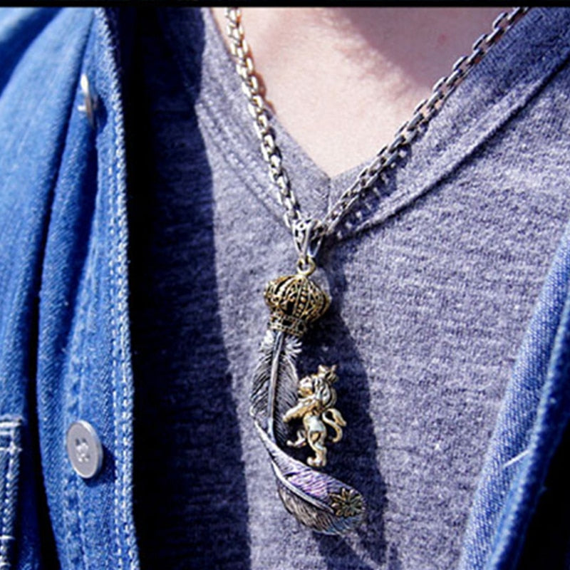 Lion with Crown Feather 925 Sterling Silver Vintage Steampunk Biker Pendant Necklace-Gothic Necklaces-Innovato Design-Innovato Design