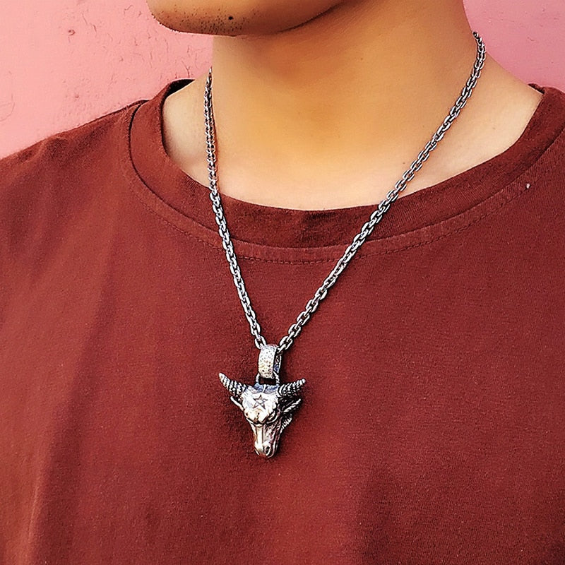 Gothic Bull 925 Sterling Silver Vintage Punk Biker Pendant Necklace-Necklaces-Innovato Design-21.65in-Innovato Design