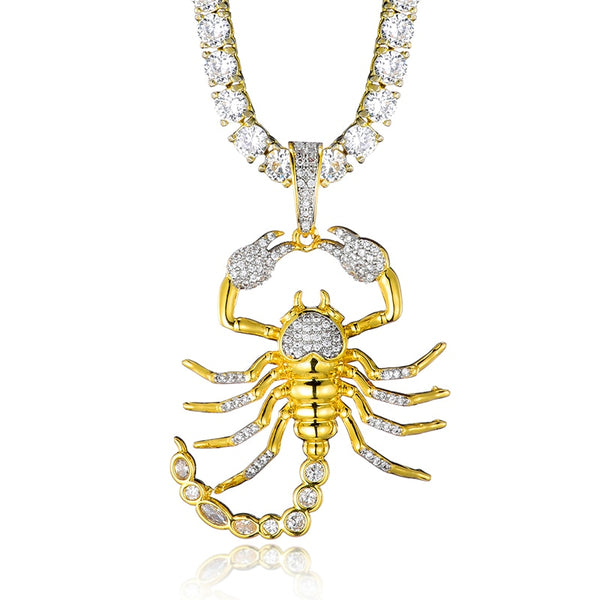 Cubic-Zirconia-Studded Scorpion Bling Hip-hop Pendant Necklace-Necklaces-Innovato Design-Gold-4mm Rope Chain-20inch-Innovato Design