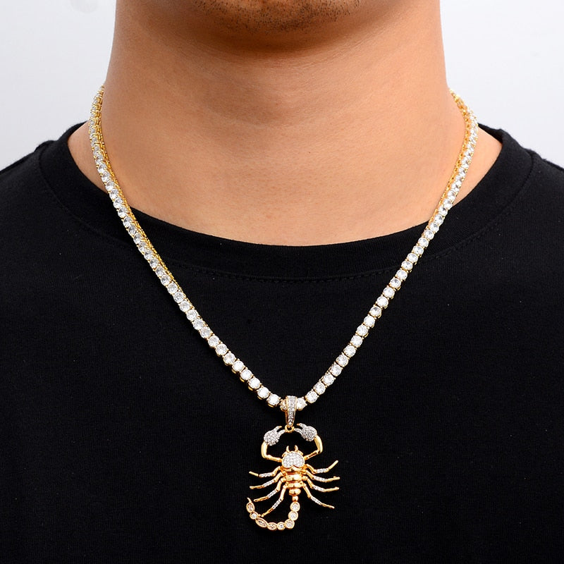 Cubic-Zirconia-Studded Scorpion Bling Hip-hop Pendant Necklace-Necklaces-Innovato Design-Gold-4mm Rope Chain-20inch-Innovato Design