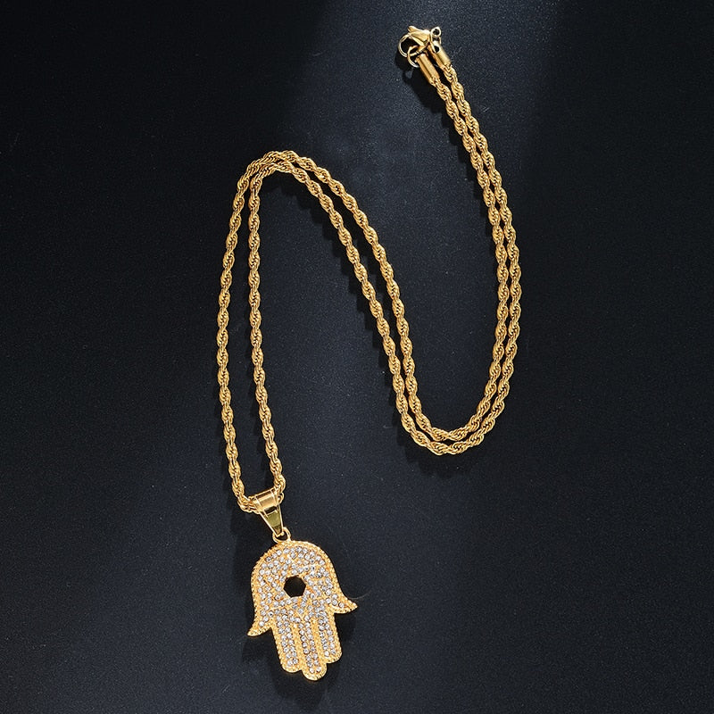 Gemstone-Studded Jewish Star on Hamsa Hand Bling Stainless Steel Hip-hop Pendant Necklace-Necklaces-Innovato Design-Innovato Design