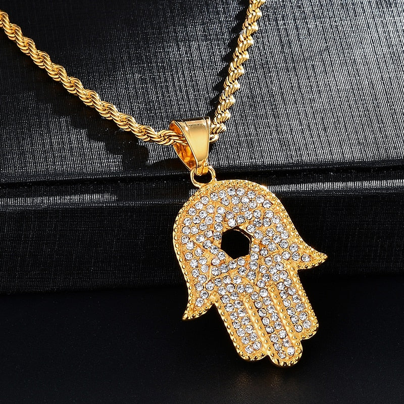 Gemstone-Studded Jewish Star on Hamsa Hand Bling Stainless Steel Hip-hop Pendant Necklace-Necklaces-Innovato Design-Innovato Design