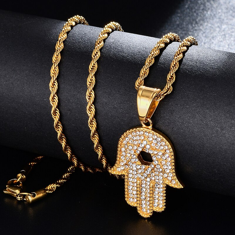 Gemstone-Studded Jewish Star on Hamsa Hand Bling Stainless Steel Hip-hop Pendant Necklace-Necklaces-Innovato Design-Innovato Design
