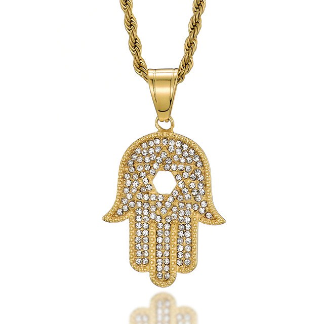 Gemstone-Studded Jewish Star on Hamsa Hand Bling Stainless Steel Hip-hop Pendant Necklace-Necklaces-Innovato Design-Innovato Design
