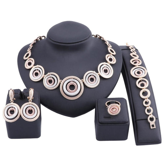 Concentric Rings Necklace, Bracelet, Earrings & Ring Wedding Statement Jewelry Set-Jewelry Sets-Innovato Design-Silver Gold Rose-Innovato Design