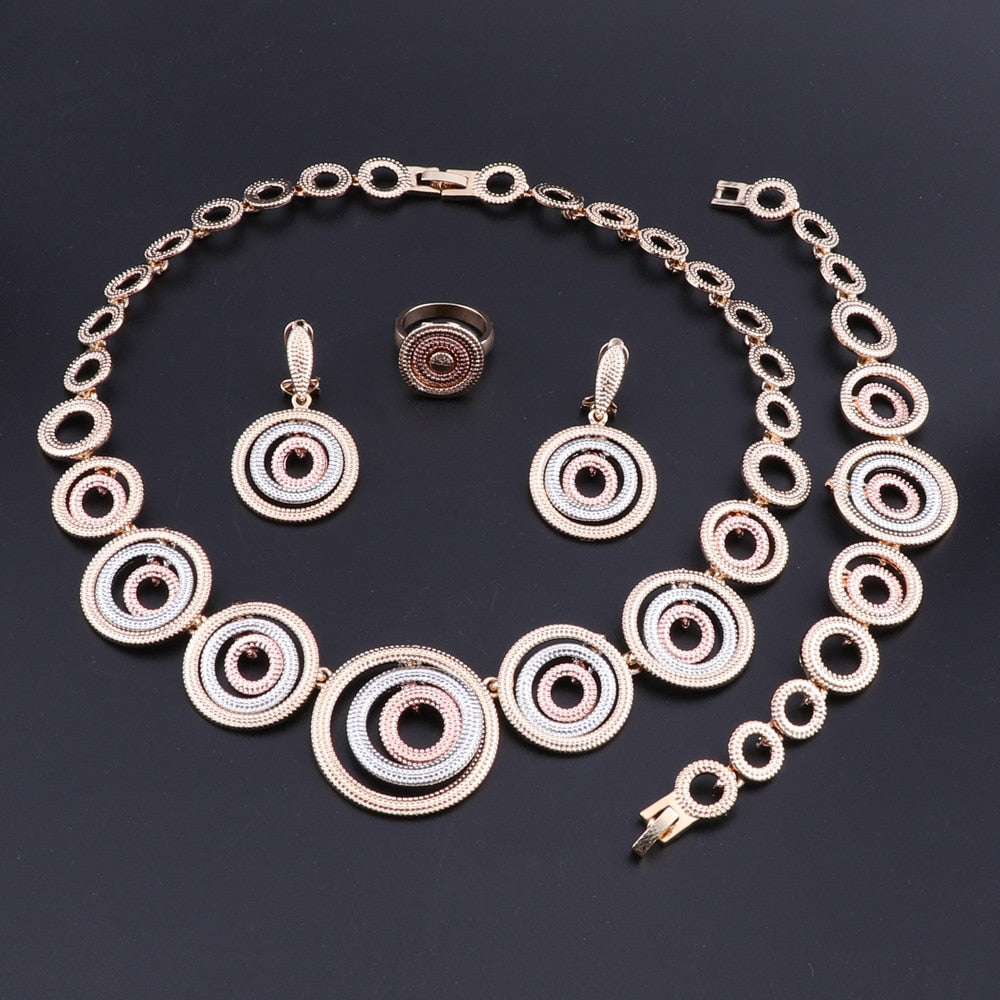 Concentric Rings Necklace, Bracelet, Earrings & Ring Wedding Statement Jewelry Set-Jewelry Sets-Innovato Design-Silver Gold Rose-Innovato Design
