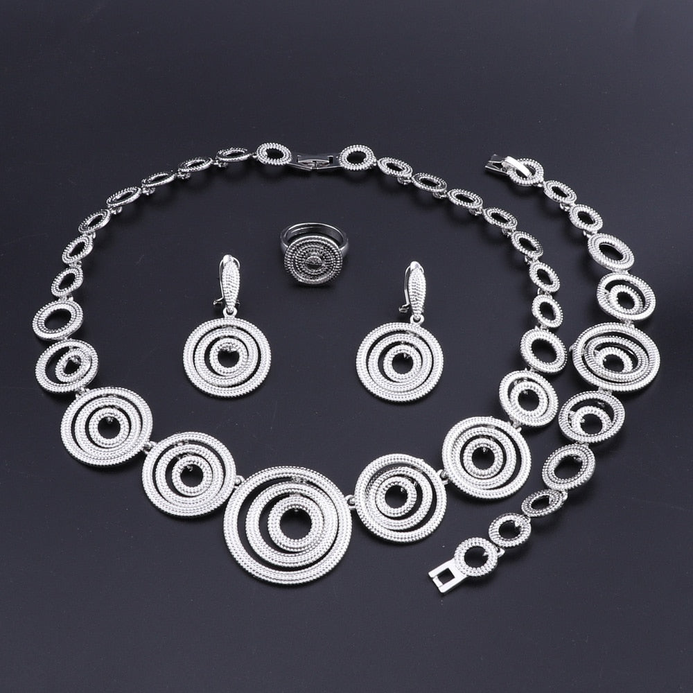 Concentric Rings Necklace, Bracelet, Earrings & Ring Wedding Statement Jewelry Set-Jewelry Sets-Innovato Design-Silver Gold Rose-Innovato Design