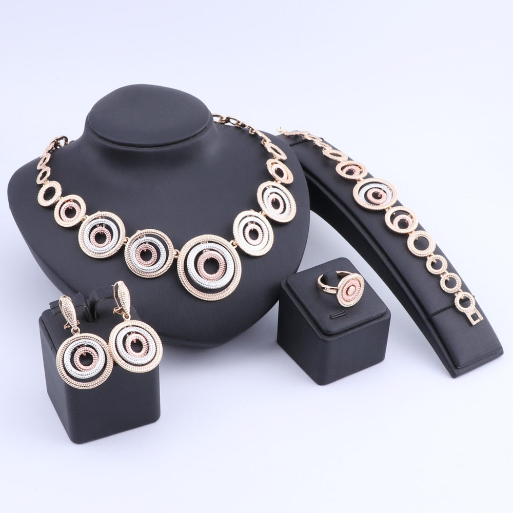 Concentric Rings Necklace, Bracelet, Earrings & Ring Wedding Statement Jewelry Set-Jewelry Sets-Innovato Design-Silver Gold Rose-Innovato Design