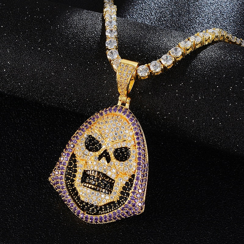 Cubic-Zirconia-Studded Skull Bling Hip-hop Pendant Necklace-Necklaces-Innovato Design-Silver-4mm Tennis-20in-Innovato Design