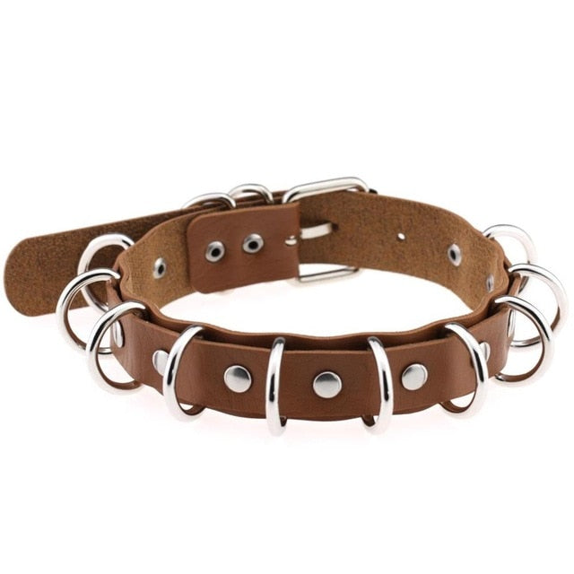 Metal Ring Choker Collar Leather Gothic Harajuku Necklace-Necklace-Innovato Design-Brown-Innovato Design