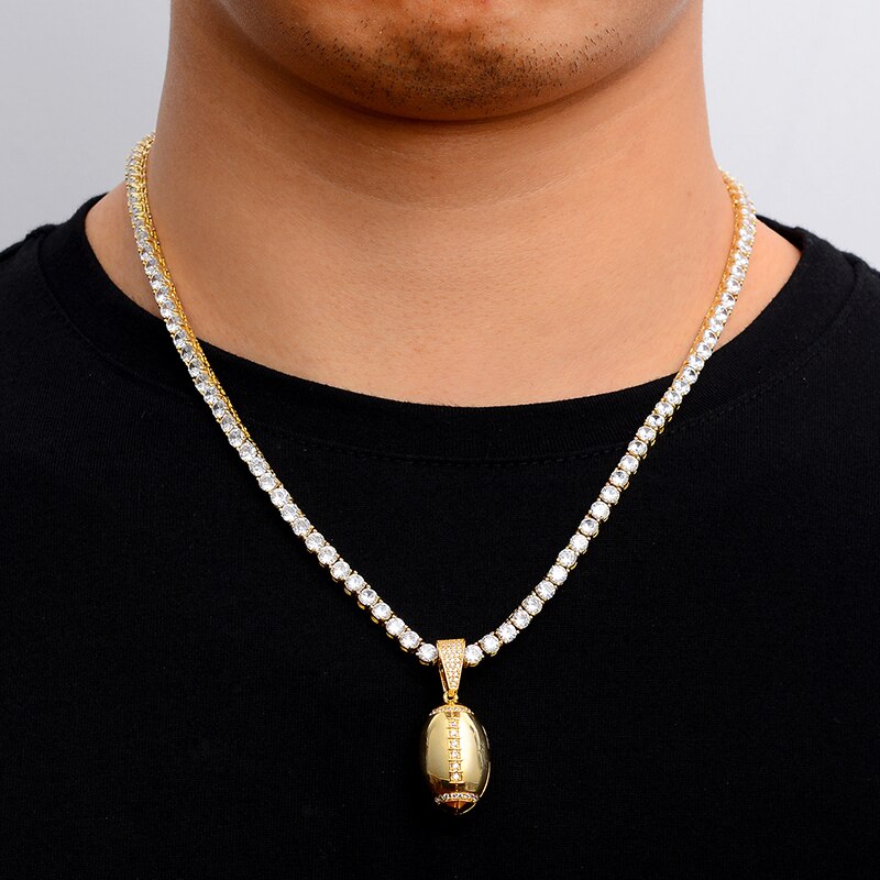 Cubic-Zirconia-Studded Football Hip-hop Pendant Necklace-Necklaces-Innovato Design-Gold-4mm Rope-20in-Innovato Design
