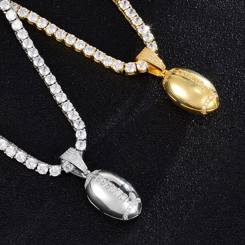 Cubic-Zirconia-Studded Football Hip-hop Pendant Necklace-Necklaces-Innovato Design-Gold-4mm Rope-20in-Innovato Design