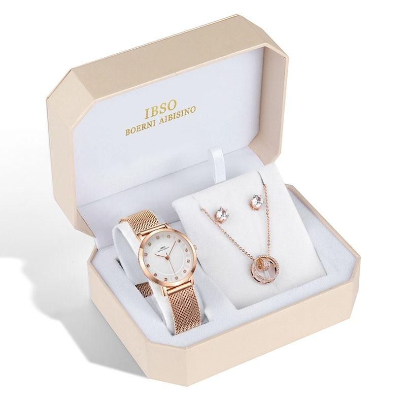 Women Rose Gold Quartz Watch, Stud Earring & Necklace Fashion Jewelry Set-Jewelry Sets-Innovato Design-New York-Innovato Design