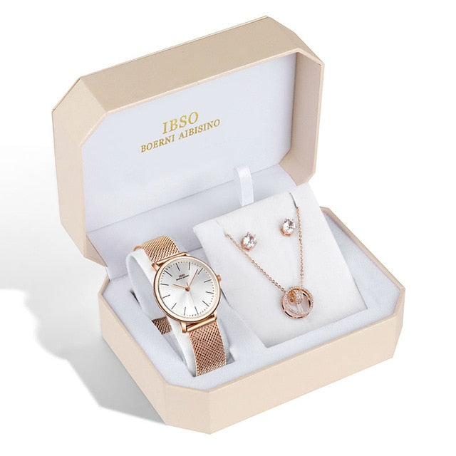 Women Rose Gold Quartz Watch, Stud Earring & Necklace Fashion Jewelry Set-Jewelry Sets-Innovato Design-Texas-Innovato Design