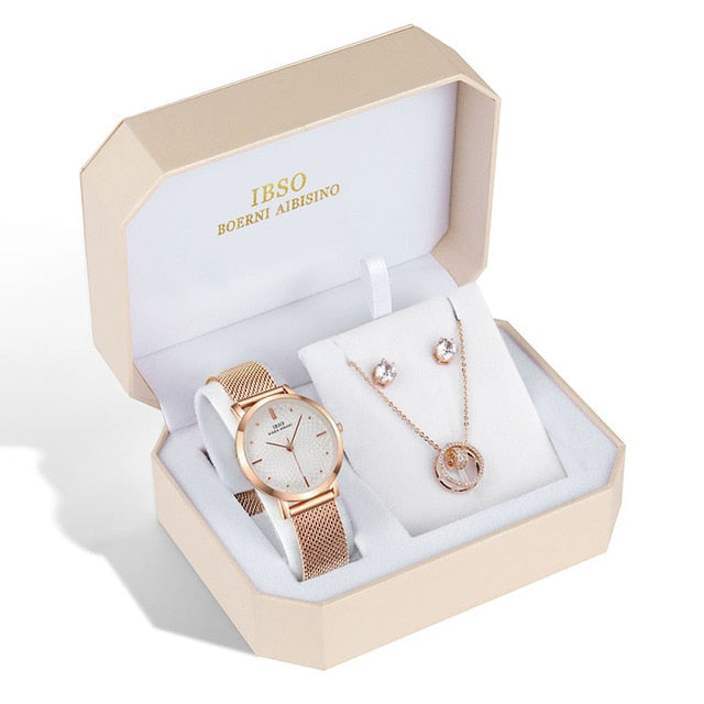 Women Rose Gold Quartz Watch, Stud Earring & Necklace Fashion Jewelry Set-Jewelry Sets-Innovato Design-Nevada-Innovato Design