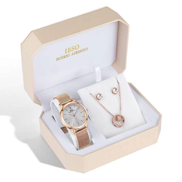Women Rose Gold Quartz Watch, Stud Earring & Necklace Fashion Jewelry Set-Jewelry Sets-Innovato Design-Montana-Innovato Design