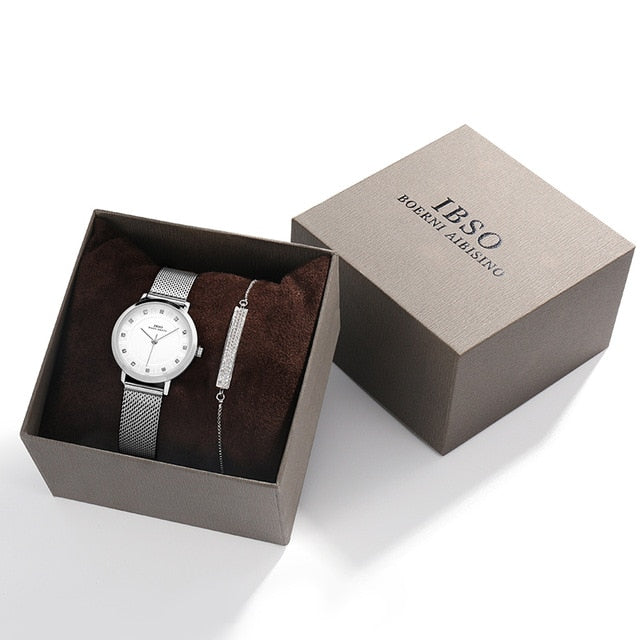Women Quartz 8mm Ultra-Thin Silver Mesh Stainless Steel Band Watch and Bracelet Jewelry Set-Jewelry Sets-Innovato Design-Phoenix-Innovato Design