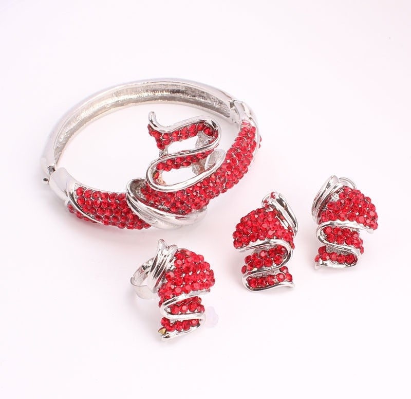 Silver-Plated Red Rhinestone Necklace, Bracelet, Earrings & Ring Wedding Statement Jewelry Set-Jewelry Sets-Innovato Design-Innovato Design