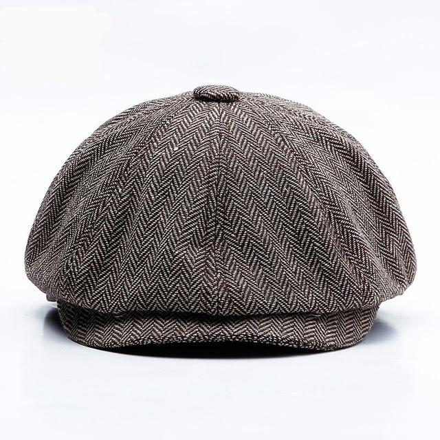 Retro Warm Tweed Herringbone Octagonal Newsboy Cap with Buttons-Hats-Innovato Design-Brown-M-Innovato Design