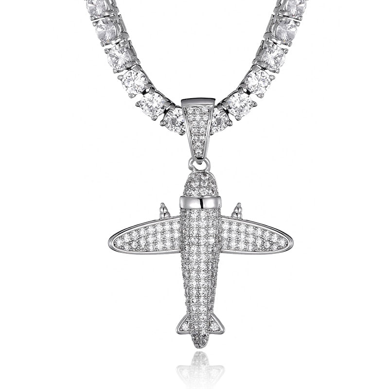 Cubic-Zirconia-Studded Aircraft Bling Hip-hop Pendant Necklace-Necklaces-Innovato Design-Silver-Tennis-20inch-Innovato Design
