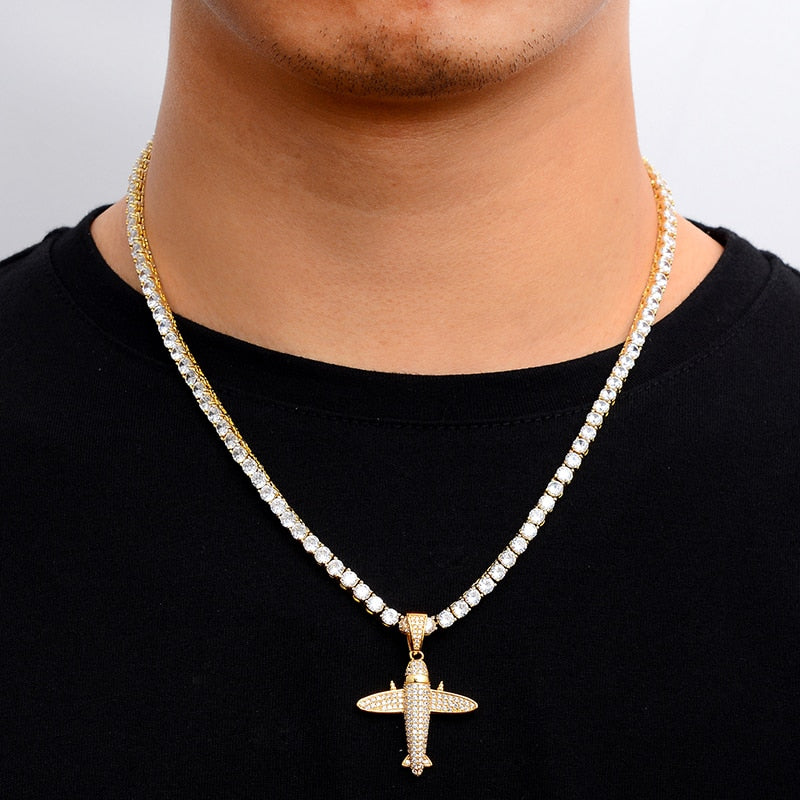 Cubic-Zirconia-Studded Aircraft Bling Hip-hop Pendant Necklace-Necklaces-Innovato Design-Silver-Tennis-20inch-Innovato Design