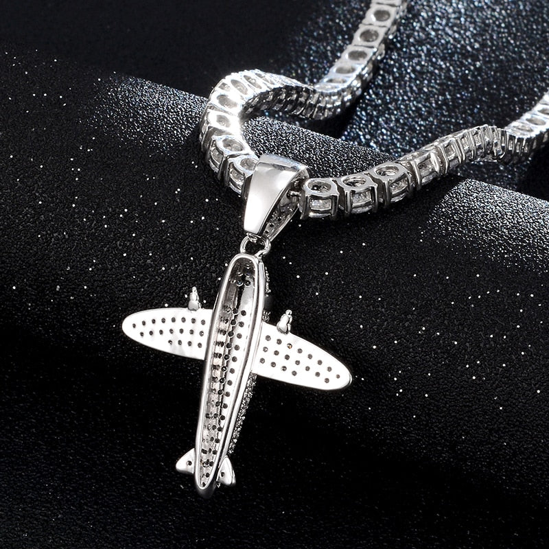 Cubic-Zirconia-Studded Aircraft Bling Hip-hop Pendant Necklace-Necklaces-Innovato Design-Silver-Tennis-20inch-Innovato Design