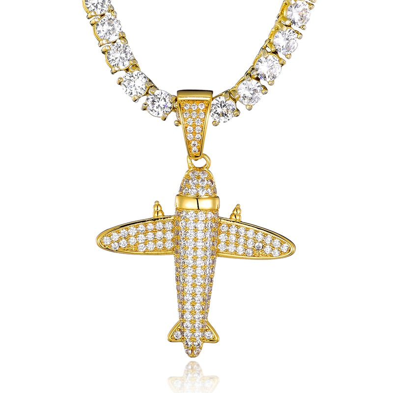 Cubic-Zirconia-Studded Aircraft Bling Hip-hop Pendant Necklace-Necklaces-Innovato Design-Gold-Tennis-24inch-Innovato Design