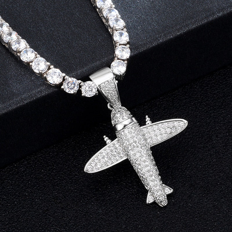 Cubic-Zirconia-Studded Aircraft Bling Hip-hop Pendant Necklace-Necklaces-Innovato Design-Silver-Tennis-20inch-Innovato Design