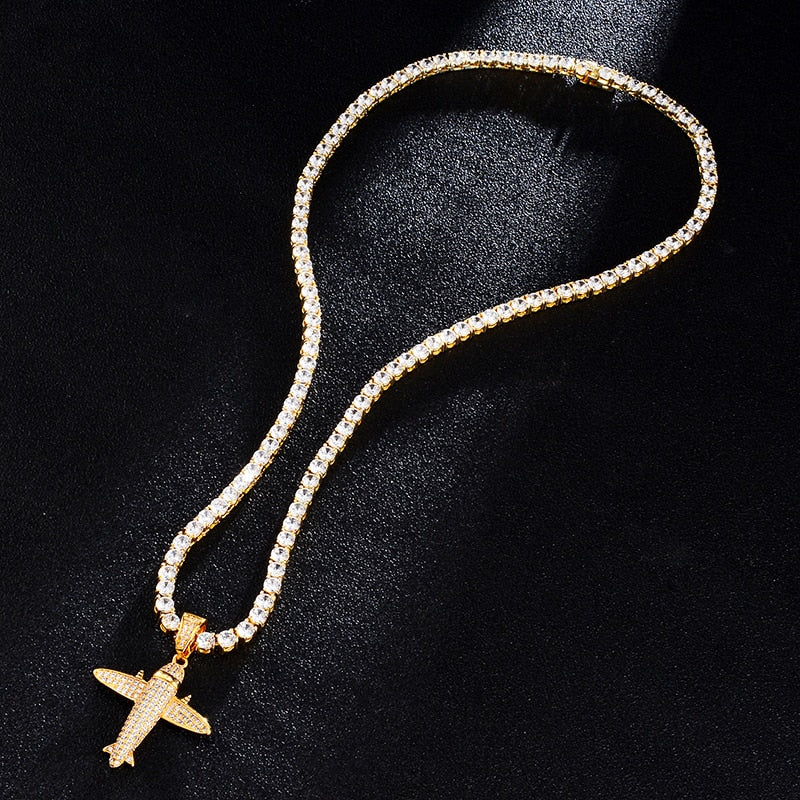 Cubic-Zirconia-Studded Aircraft Bling Hip-hop Pendant Necklace-Necklaces-Innovato Design-Silver-Tennis-20inch-Innovato Design