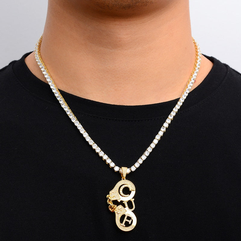 Cubic-Zirconia-Studded Handcuffs Bling Hip-hop Pendant Necklace-Necklaces-Innovato Design-Gold-4mm Rope-24inch-Innovato Design