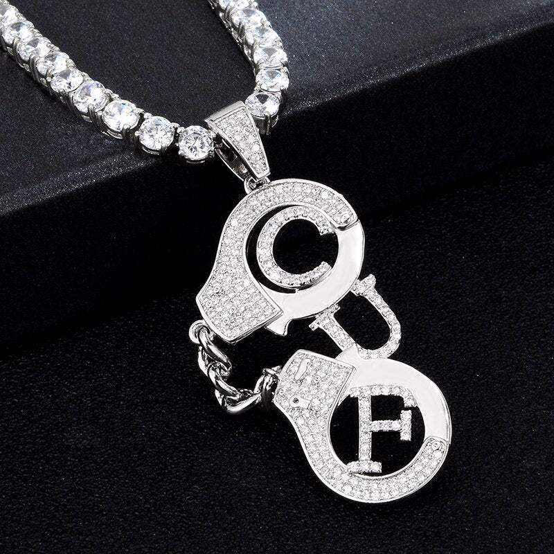 Cubic-Zirconia-Studded Handcuffs Bling Hip-hop Pendant Necklace-Necklaces-Innovato Design-Gold-4mm Rope-24inch-Innovato Design