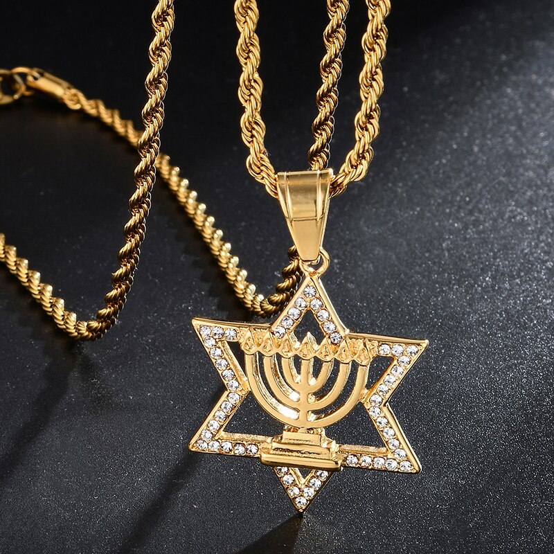 Rhinestone-Studded Star of David Bling Stainless Steel Hip-hop Pendant Necklace-Necklaces-Innovato Design-Silver-Innovato Design