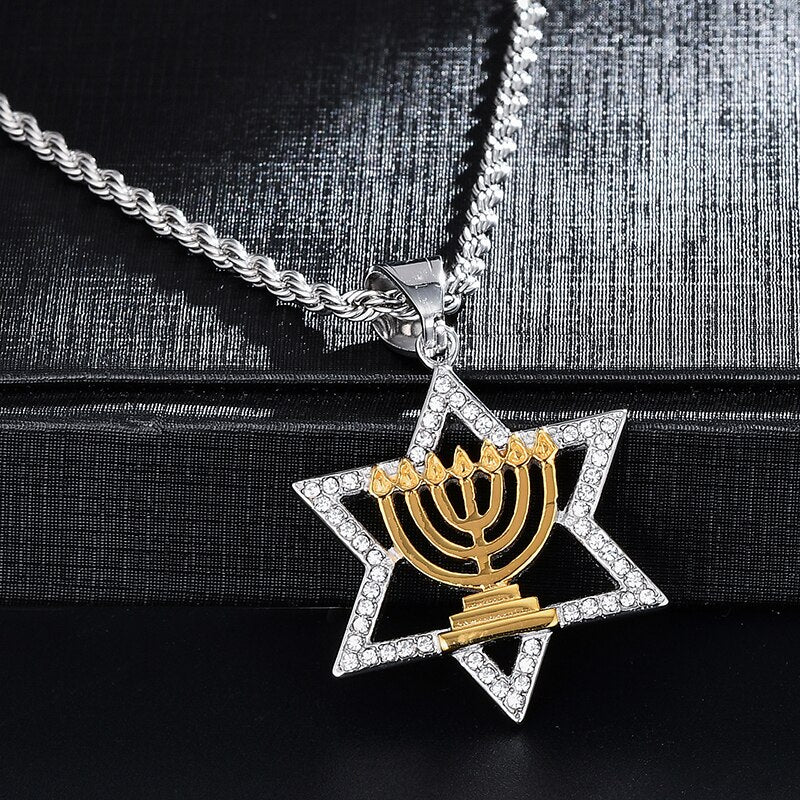 Rhinestone-Studded Star of David Bling Stainless Steel Hip-hop Pendant Necklace-Necklaces-Innovato Design-Silver-Innovato Design