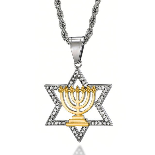 Rhinestone-Studded Star of David Bling Stainless Steel Hip-hop Pendant Necklace-Necklaces-Innovato Design-Silver-Innovato Design