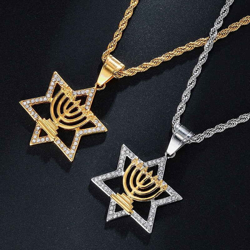 Rhinestone-Studded Star of David Bling Stainless Steel Hip-hop Pendant Necklace-Necklaces-Innovato Design-Silver-Innovato Design