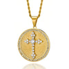 Gemstone-Studded Cross Round Bling Stainless Steel Hip-hop Pendant Necklace