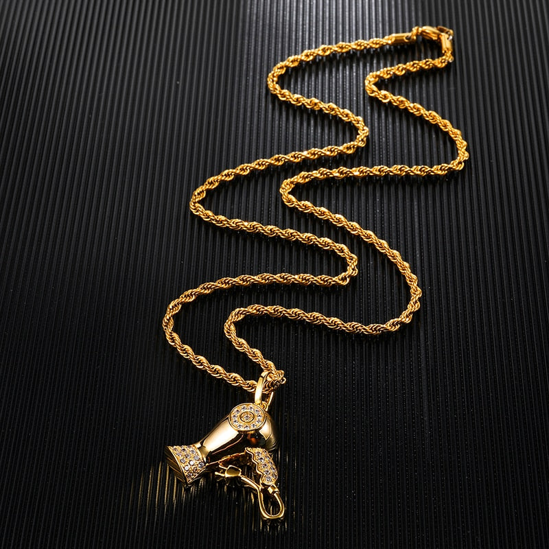 Cubic-Zirconia-Studded Hairdryer Bling Hip-hop Pendant Necklace-Necklaces-Innovato Design-4mm Rope-24inch-Innovato Design