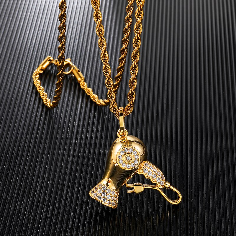 Cubic-Zirconia-Studded Hairdryer Bling Hip-hop Pendant Necklace-Necklaces-Innovato Design-4mm Rope-24inch-Innovato Design