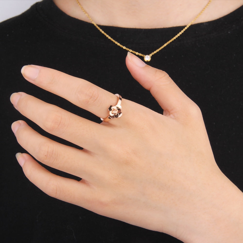 Rose-Gold-Plated Flower Stainless Steel Necklace, Earrings & Ring Fashion Jewelry Set-Jewelry Sets-Innovato Design-6-Innovato Design