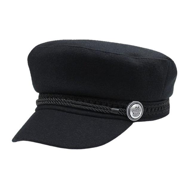 Wool Flat Cap with Large Buttons and Rope-Hats-Innovato Design-Black-Innovato Design