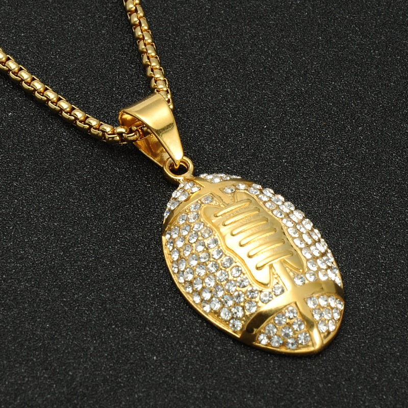 Rhinestone-Studded Gold-Plated Rugby Football Bling Stainless Steel Hip-hop Pendant Necklace-Necklaces-Innovato Design-Innovato Design