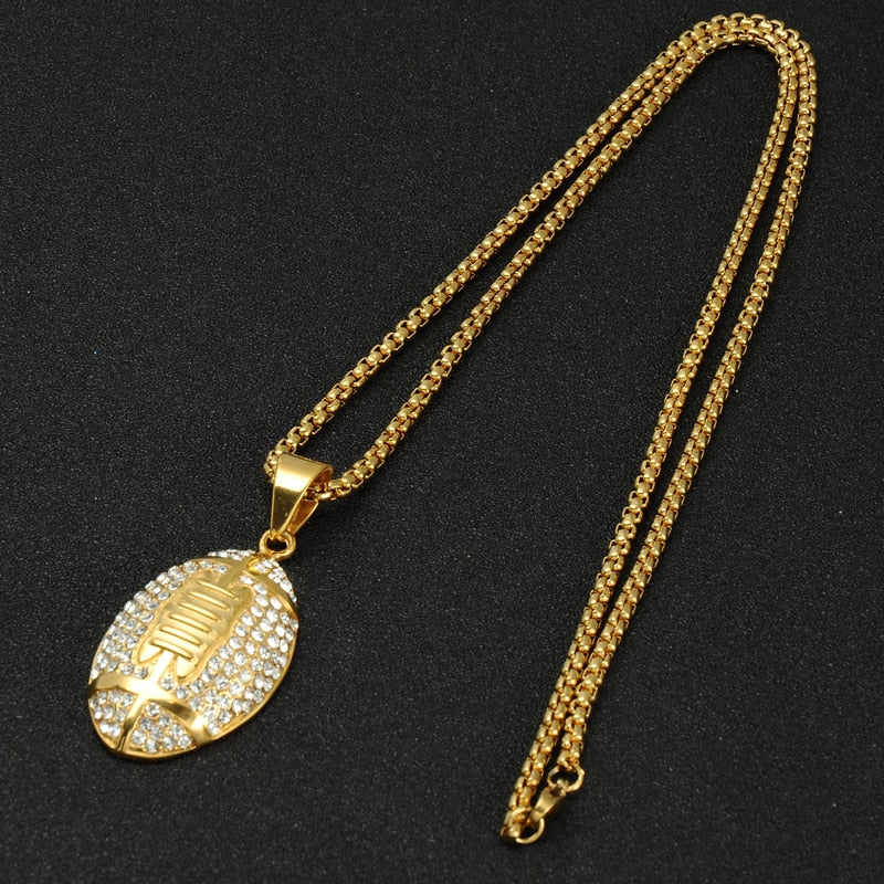 Rhinestone-Studded Gold-Plated Rugby Football Bling Stainless Steel Hip-hop Pendant Necklace-Necklaces-Innovato Design-Innovato Design