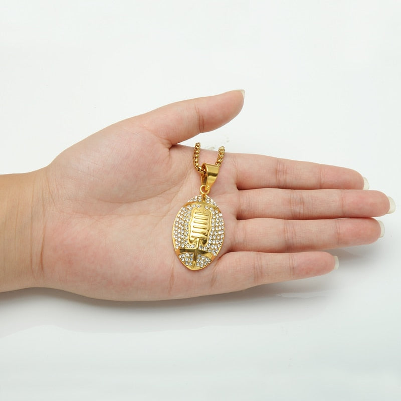 Rhinestone-Studded Gold-Plated Rugby Football Bling Stainless Steel Hip-hop Pendant Necklace-Necklaces-Innovato Design-Innovato Design