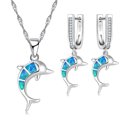 Cute Dolphin Fire Opal Necklace & Earrings Classic Fashion Jewelry Set-Jewelry Sets-Innovato Design-White-Innovato Design