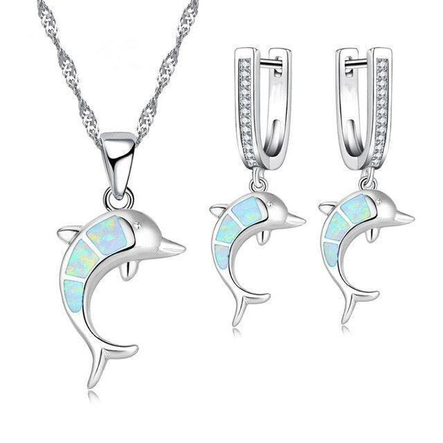 Cute Dolphin Fire Opal Necklace & Earrings Classic Fashion Jewelry Set-Jewelry Sets-Innovato Design-White-Innovato Design
