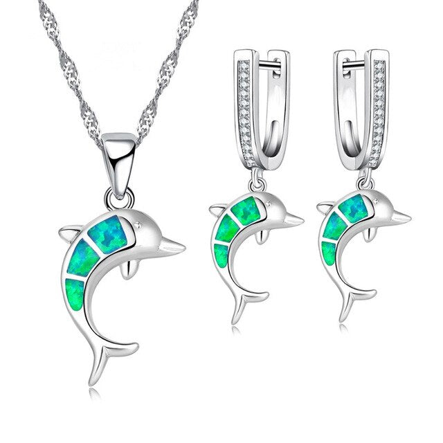 Cute Dolphin Fire Opal Necklace & Earrings Classic Fashion Jewelry Set-Jewelry Sets-Innovato Design-Green-Innovato Design