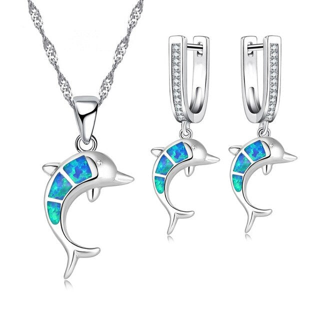 Cute Dolphin Fire Opal Necklace & Earrings Classic Fashion Jewelry Set-Jewelry Sets-Innovato Design-Blue-Innovato Design