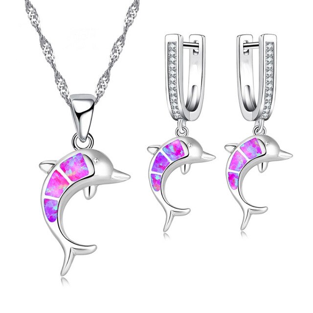 Cute Dolphin Fire Opal Necklace & Earrings Classic Fashion Jewelry Set-Jewelry Sets-Innovato Design-Purple-Innovato Design