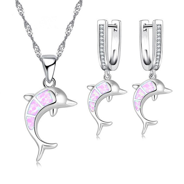 Cute Dolphin Fire Opal Necklace & Earrings Classic Fashion Jewelry Set-Jewelry Sets-Innovato Design-Pink-Innovato Design